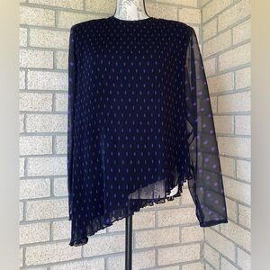 VTG Micro Pleated Black Long Sleeve Asymmetrical Lettuce Hem Polka Dot Blouse